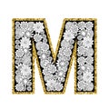 Hand drawn floral alphabet design. Gold glittering contour. Letter M.