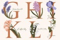 Hand Drawn floral alphabet with spring flowers in pastel colors.Letters G, H, I, J, K, L with flowers grape hyacinth, hyacinth, ir