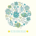 Hand-drawn floral background. Round shape made of leafs and flowers Royalty Free Stock Photo