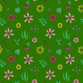 Hand drawn floral doodle seamless pattern with flowers, leaves and berries. Royalty Free Stock Photo