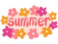 Hand drawn floral frame with pink blush flowers summer word. Yellow purple season sticker design, sale sign oval shape