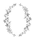 Hand drawn floral oval frame wreath on white background