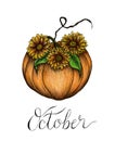 Hand drawn floral pumpkin isolated on white, autumn pumpkin card in fall colors and October text lettering, autumn design