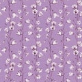 Hand drawn floral seamless pattern background with pink and white graphic bluebell flowers on dust pink craft paper