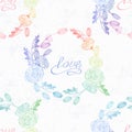 Hand drawn floral seamless pattern in hologram style and rainbow colors. Valentines day background. Handwritten love