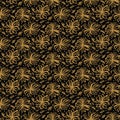 Hand drawn floral tossed pattern. Vector seamless background. Stylized ink flower stem illustration. Trendy retro gold style home