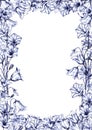 Hand drawn floral vertical rectangular frame with blue graphic bluebell flowers on white background