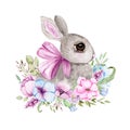 Hand Drawn floral watercolor bunny with bow Illustration for card making, paper, textile, printing, packaging Royalty Free Stock Photo