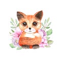 Hand Drawn floral watercolor fox Illustration for card making, paper, textile, printing, packaging