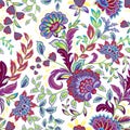 Hand drawn flower seamless pattern. Colorful seamless pattern with pargeting grunge whimsical flowers, paisley Royalty Free Stock Photo