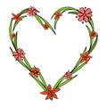 Hand drawn flowers arranged in a shape of heart. Doodle style. Wildflowers wreath isolated on white background