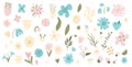 Hand drawn flowers element set. Botanical various nature spring symbols. Modern floral, geometric and leaves shapes. Vector Royalty Free Stock Photo