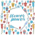 Hand drawn flowers and hearts doodle. Yellow, blue, red flowers. Flower power lettering. Isolated on white background Royalty Free Stock Photo