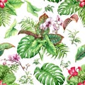 Hand drawn flowers and leaves of tropical plants. Seamless floral pattern made with watercolor exotic bouquets with pink orchid Royalty Free Stock Photo