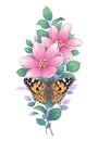 Hand Drawn Pink Flowers and Painted Lady Butterfly