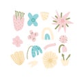 Hand drawn flowers set. Botanical various nature spring elements. Modern abstract floral, geometric and leaves shapes. Vector Royalty Free Stock Photo