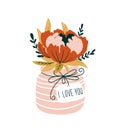 Hand drawn flowers in the vase with tag - `I love you`. Scandinavian style vector illustration, Valentines Day card. Royalty Free Stock Photo