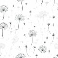 Hand Drawn Fluffy Dandelion Silhouettes Seamless Pattern, Endless Background with Dandelions Seeds