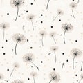 Hand Drawn Fluffy Dandelion Silhouettes Seamless Pattern, Endless Background with Dandelions Seeds Royalty Free Stock Photo