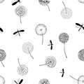 Hand drawn fluffy dandelion silhouettes seamless pattern