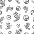 Hand drawn flying doves and sign peace. Hippie wallpaper.