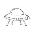 Hand-drawn flying saucer,UFO.Alien aircraft,spaceship to travel through space.Doodle style,simple minimalistic drawing.Fantasy