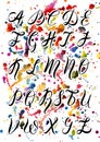 Hand drawn font by a brush pen, watercolor alphabet, capital letters on watercolor sprays background