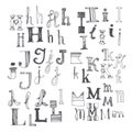 Hand drawn font with several variants of letters. H, I, J, K, L