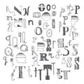 Hand drawn font with several variants of letters. N, O, P, Q, R, S and T. Part 3 of doodle anonymous alphabet.