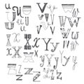 Hand drawn font with several variants of letters. U, V, W, X, Y