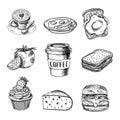 Hand drawn food and beverage set, Doodle Cup and Cup with coffee, cake, cheese, Burger, dish, toast with scrambled eggs, sandwich