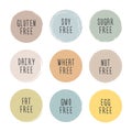 Hand drawn food dietary label set. Natural pastel color on grunge circle background