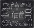 Hand drawn food and drinks graphic symbols on a chalkboard. Royalty Free Stock Photo