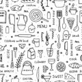 Hand-drawn food and kitchen utensils seamless pattern in doodle style. Royalty Free Stock Photo