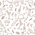 Hand drawn food seamless pattern with hearts. Sketch kitchen design elements Royalty Free Stock Photo