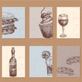 Hand drawn food sketch cards for menu restaurant product and doodle meal cuisine vector illustration.