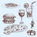 Hand drawn food sketch for menu restaurant product and doodle meal cuisine vector illustration.