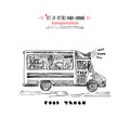 Hand drawn food truck on isolated on white background. Vintage sketch transport car. Good idea for chalkboard design