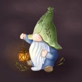 Hand-drawn forest gnome on a dark background.