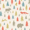 Hand-drawn forest silhouettes seamless pattern with animals Royalty Free Stock Photo