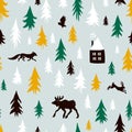 Hand-drawn forest silhouettes seamless pattern with cabin and animals Royalty Free Stock Photo