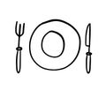 Hand drawn fork, knife and plate icons. Logotype tableware. Whimsical sketch table setting graphic objects. Isolated doodle vector Royalty Free Stock Photo
