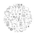 Vector set of doodles wild animals and woodland elements.