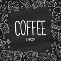 Hand drawn frame with coffee and dessert icons in doodle style. White outline on a black background or chalkboard. Cute template Royalty Free Stock Photo