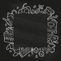 Hand drawn frame with coffee and dessert icons in doodle style. White outline on a black background or chalkboard. Cute template Royalty Free Stock Photo