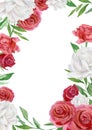 Hand drawn frames with watercolor red rose and peonies, green twigs, foliage, branches, leaves. Design border