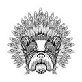 Hand Drawn French Bulldog in Feathered War bonnet in zentangle s