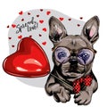 Hand drawn french bulldog with heart shape baloon. Vector Valentine day greeting card. Cute colorful dog wears glasses