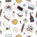 Hand drawn french cuisine seamless pattern.