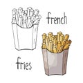 Hand drawn french fries black and white and color isolated on white background. Vector fast food- french fries
